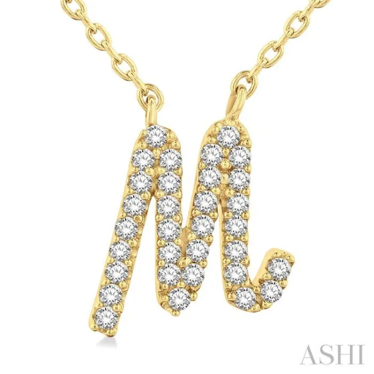 1/10 Ctw Initial 'M' Calligraphy Round Cut Diamond Fashion Pendant With Chain in 10K Yellow Gold