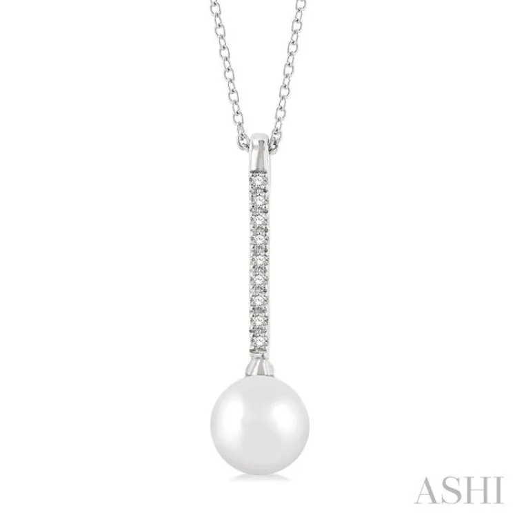 1/10 ctw Petite 7X7 MM Cultured Pearl and Round Cut Diamond Fashion Pendant With Chain in 10K White Gold