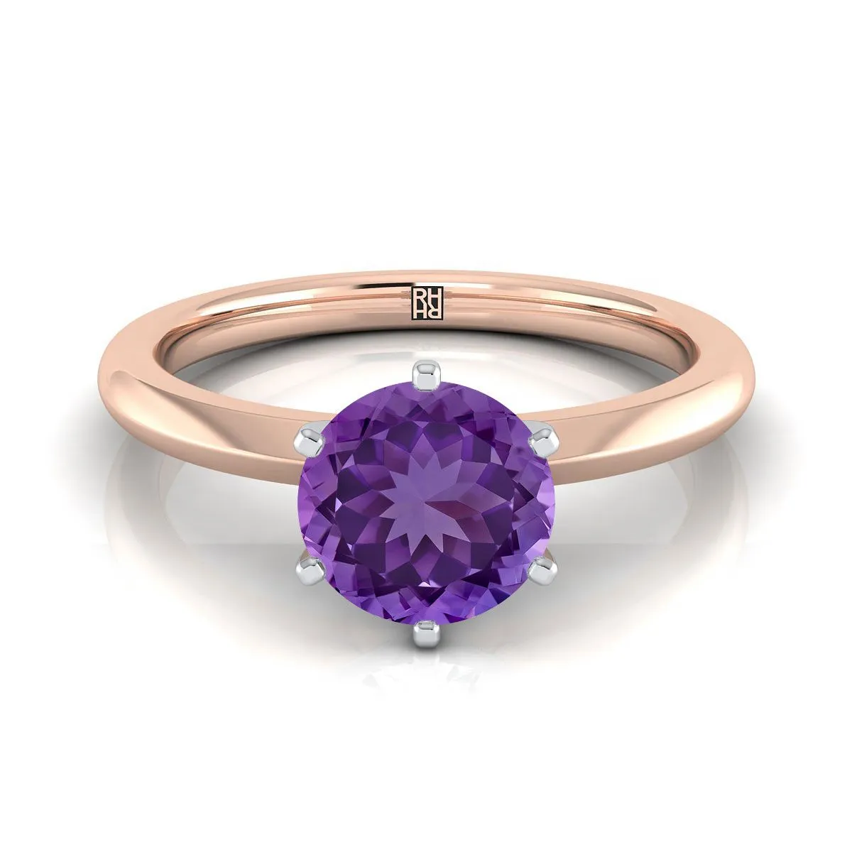 14K Rose Gold Round Brilliant Amethyst Pinched Comfort Fit Claw Prong Solitaire Engagement Ring