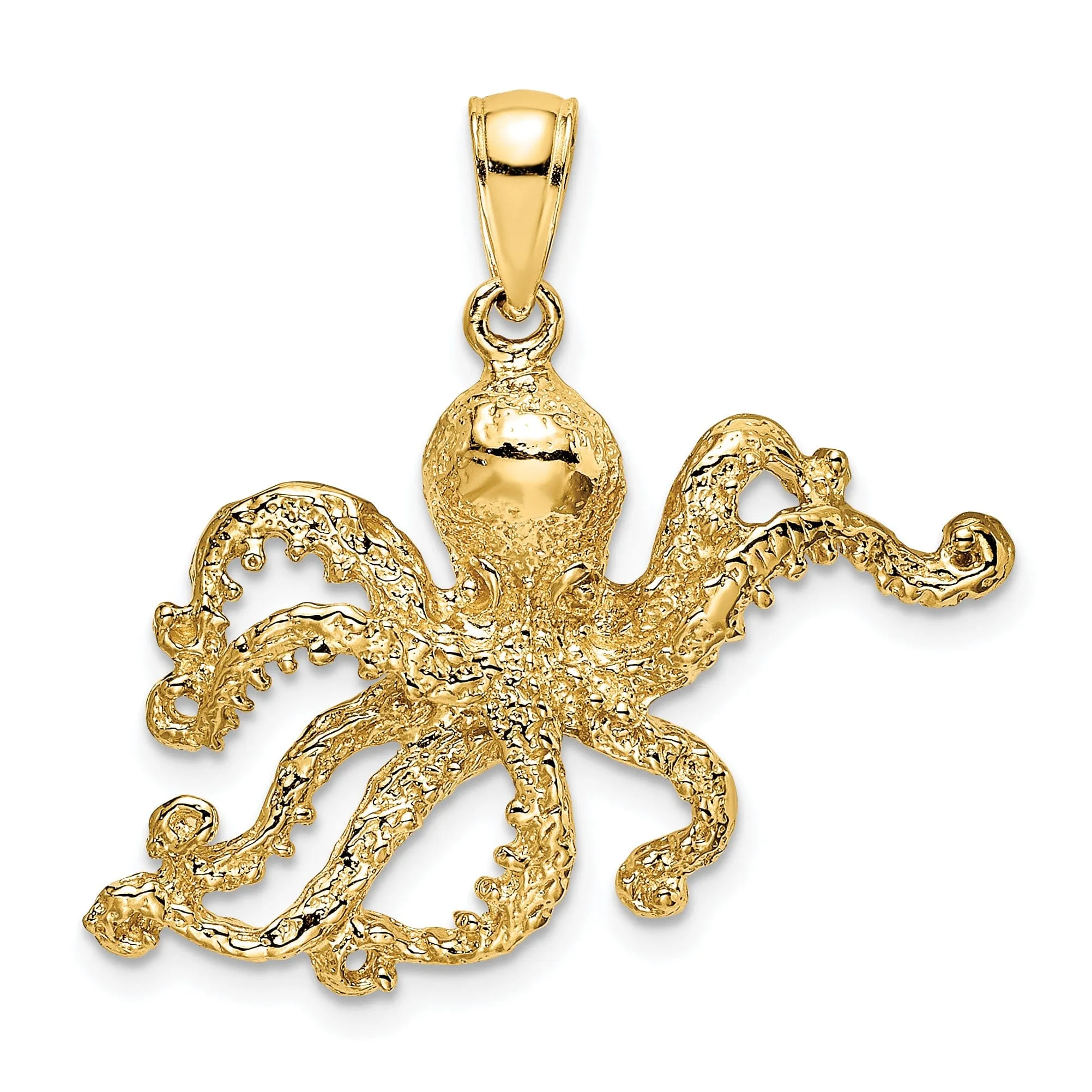 14K Yellow Gold Casted Textured Solid Polished Finish Octopus Charm Pendant