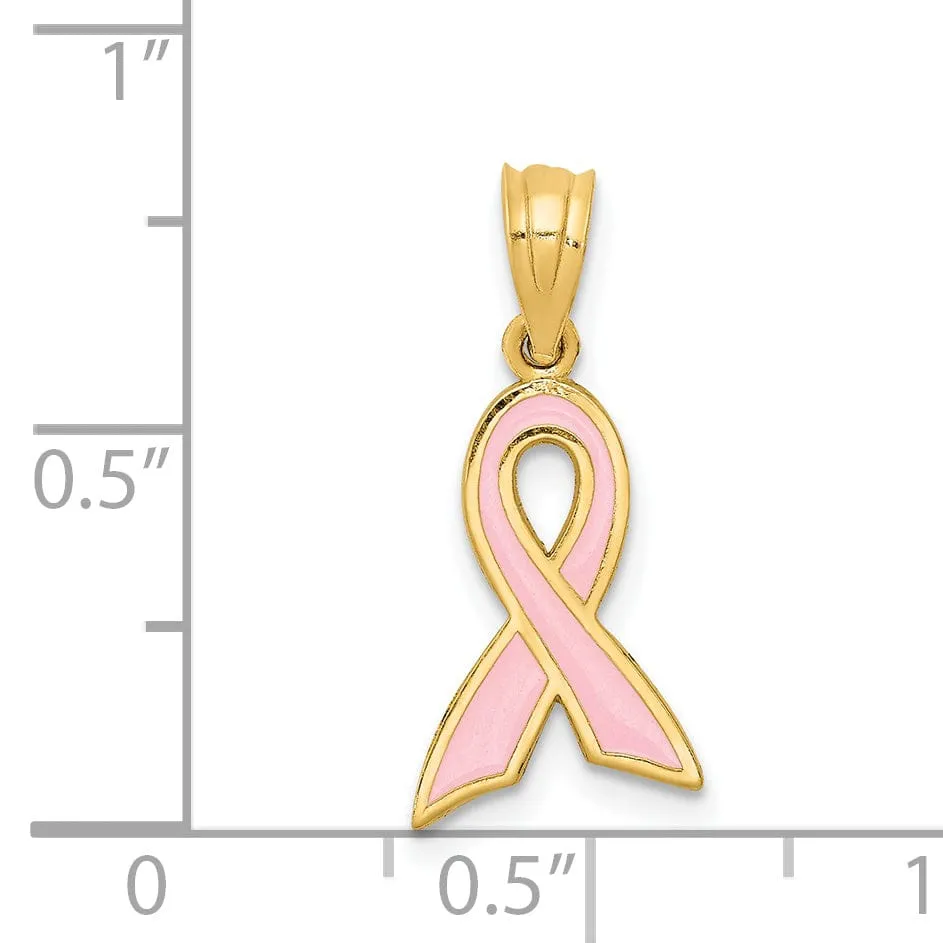 14k Yellow Gold Solid Small Size Polished Textured Pink Enameled Finish Awareness Ribbon Charm Pendant