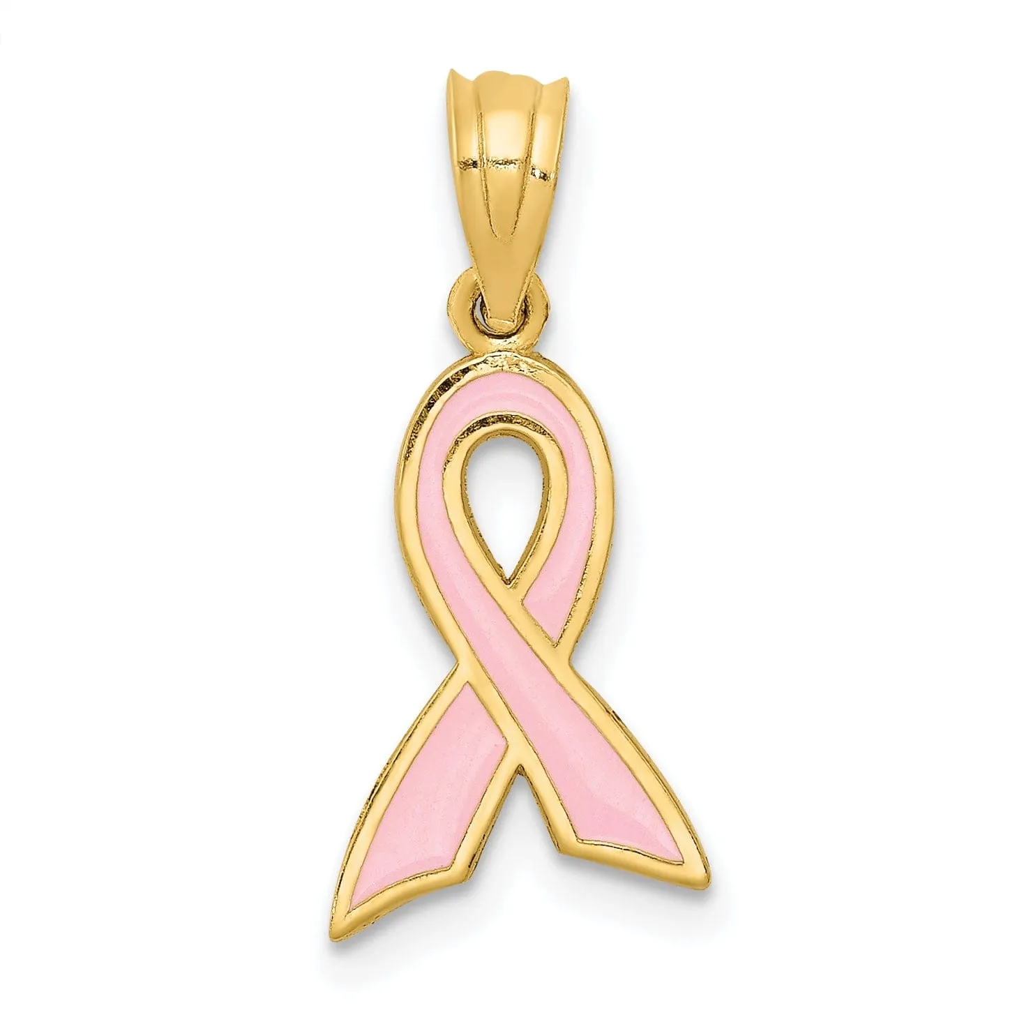 14k Yellow Gold Solid Small Size Polished Textured Pink Enameled Finish Awareness Ribbon Charm Pendant