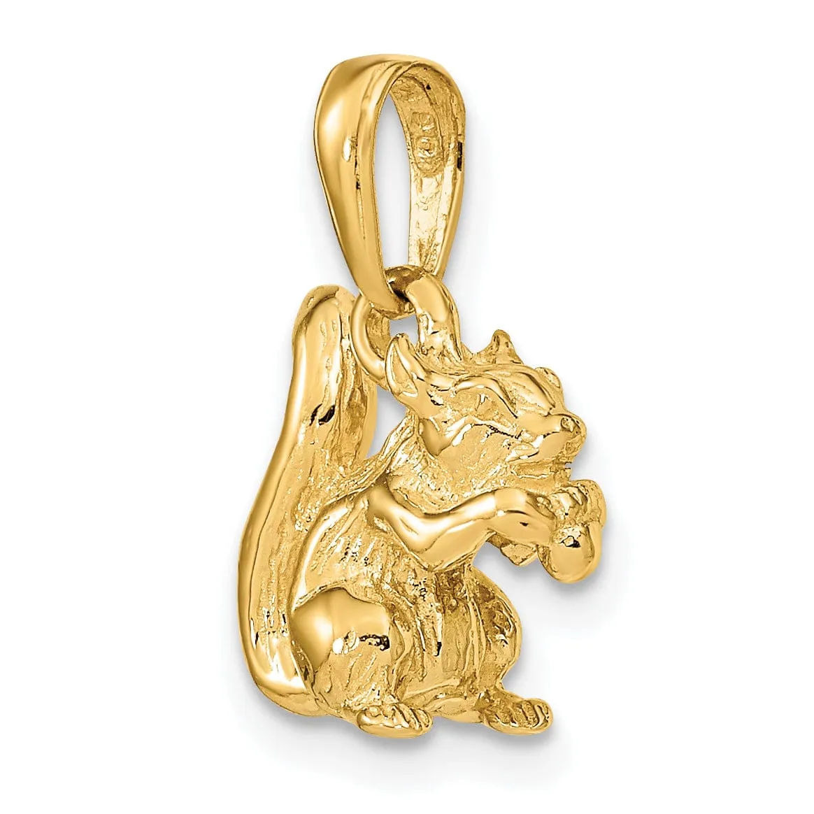 14k Yellow Gold Textured Polished Finish Solid 3-Dimentional Squirrel with Nut Charm Pendant