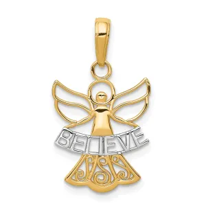 14K Yellow Gold White Rhodium Polished Concave BELIEVE Angel Pendant