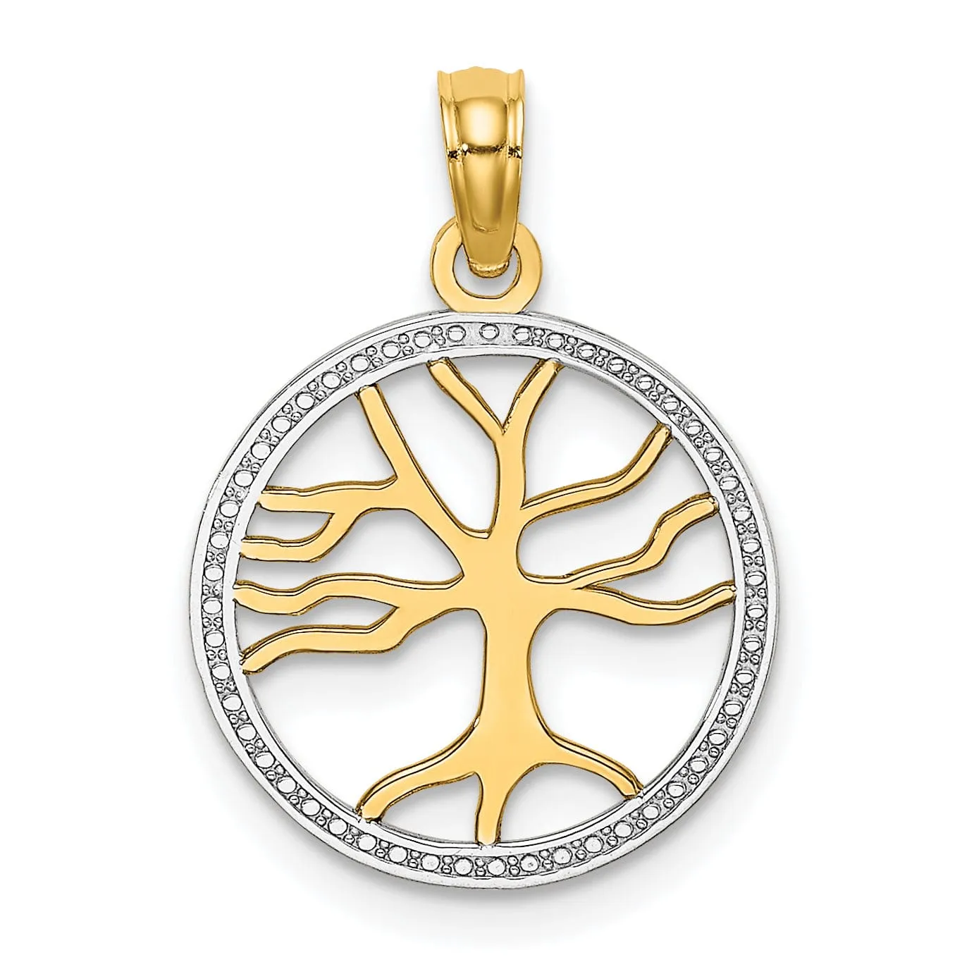 14k Yellow Gold White Rhodium Textured Polished Finish Tree of Life in Round Shape Beaded Frame Charm Pendant