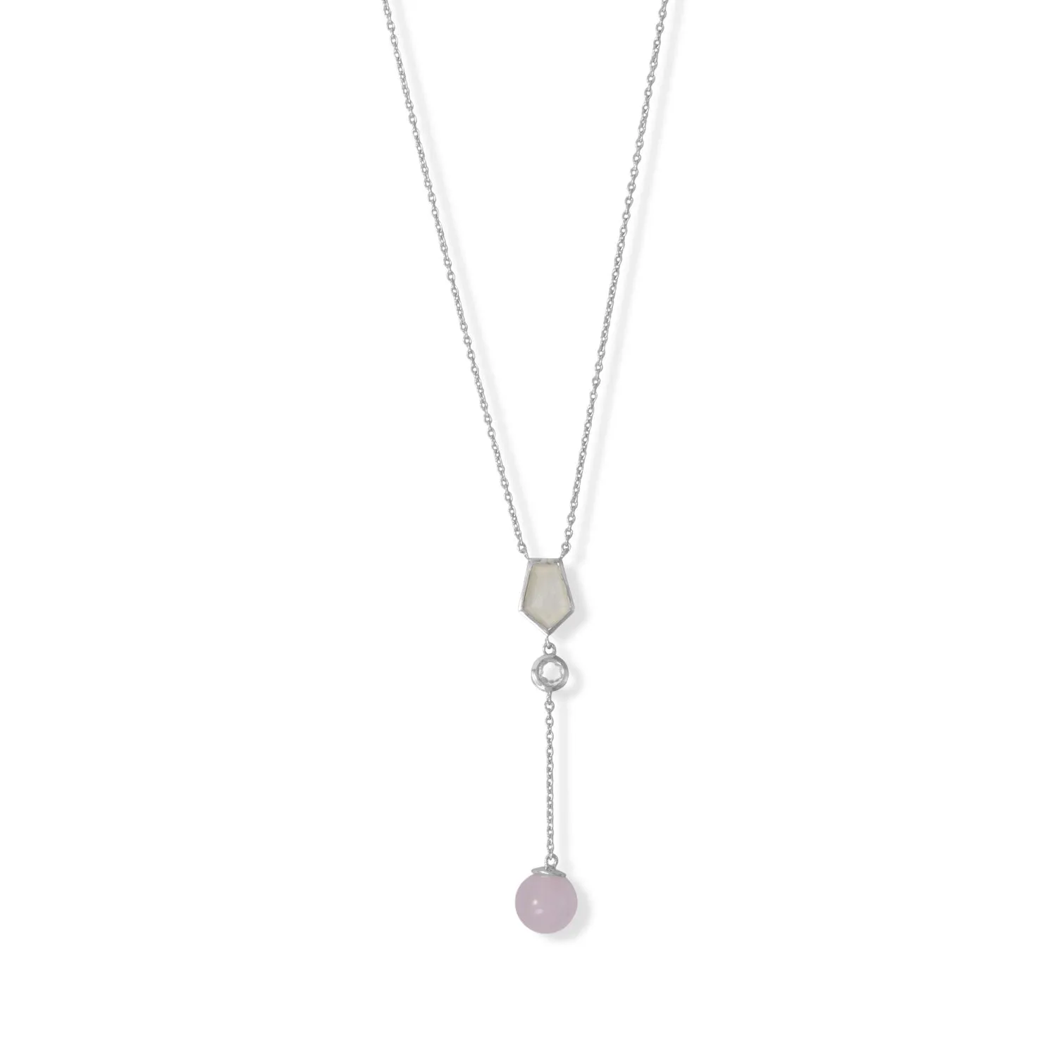 16"   2" Rhodium Plated Mother of Pearl, Clear Quartz and Rose Quartz Necklace