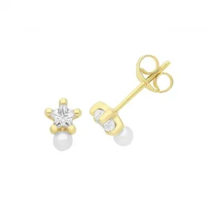 9ct Yellow Gold Star Zirconia And Pearl Studs ES726