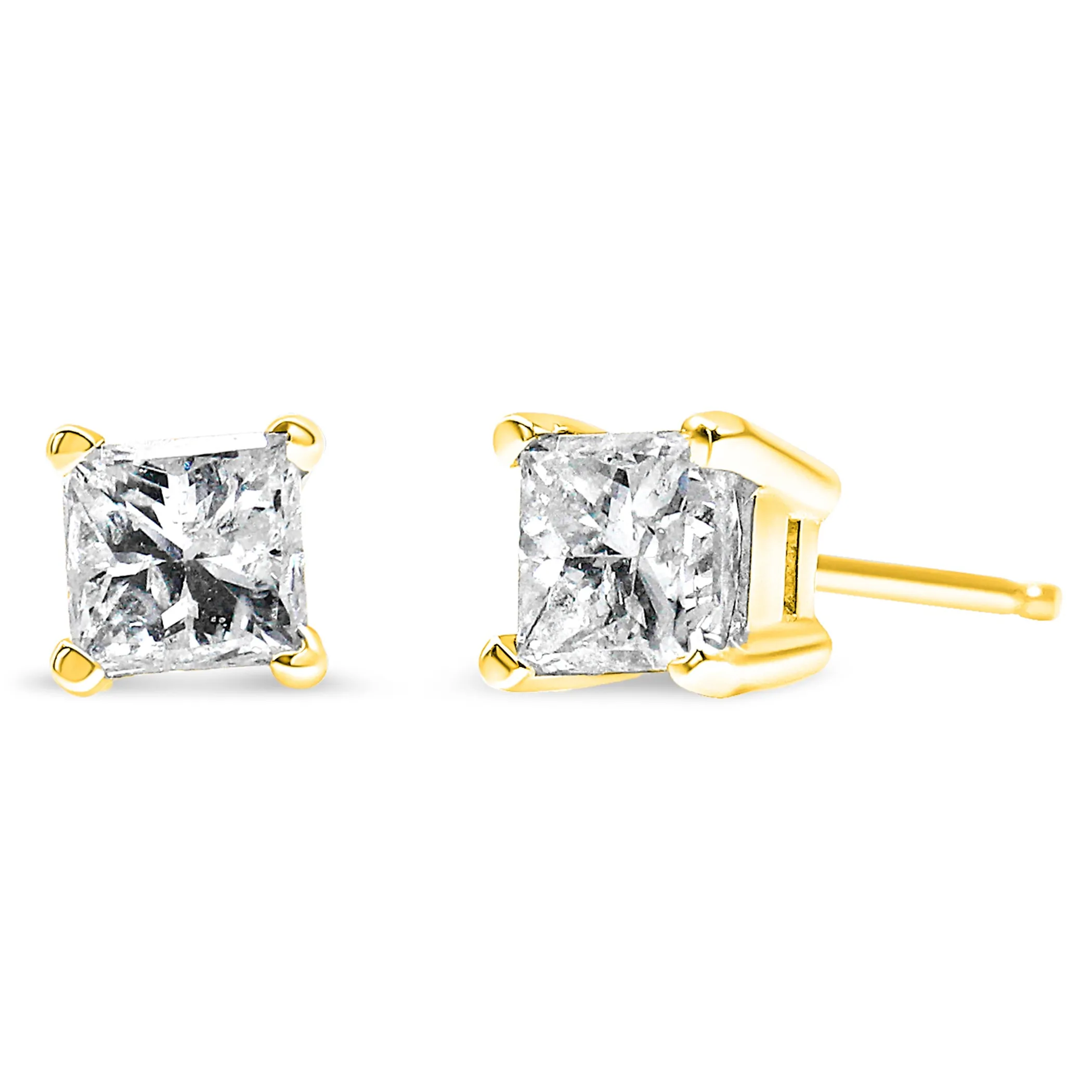 AGS Certified 14k Gold 4-Prong Set Princess-Cut Solitaire Diamond Push Back Stud Earrings (M-N Color, SI2-I1 Clarity)