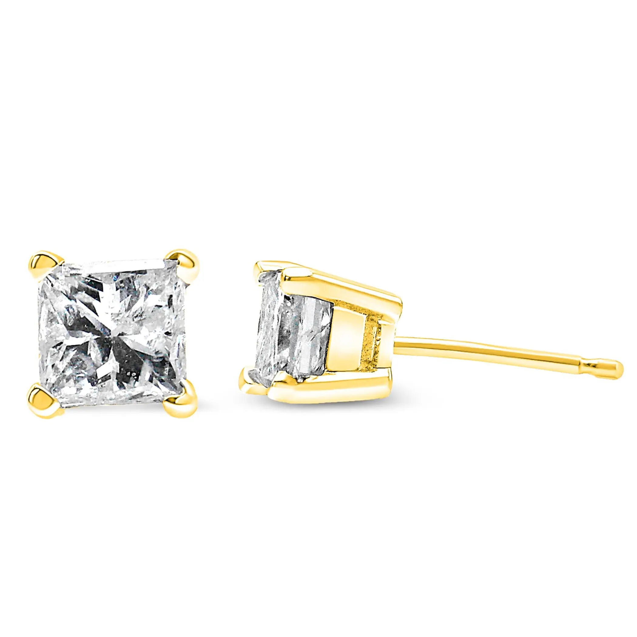 AGS Certified 14k Gold 4-Prong Set Princess-Cut Solitaire Diamond Push Back Stud Earrings (M-N Color, SI2-I1 Clarity)