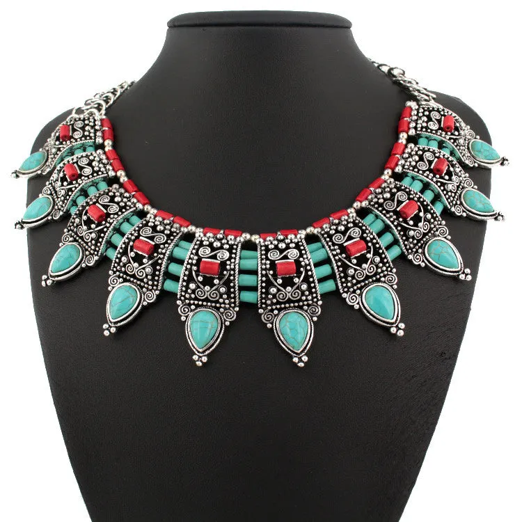 Ancient silver fashion vintage nature turquoise collar bohemian trendy simple punk style necklace for women fine jewelry