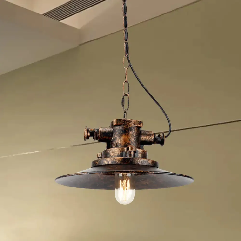 Antique Bronze Farmhouse Pendant Light - Wrought Iron with Flat Shade, 1 Light for Restaurants