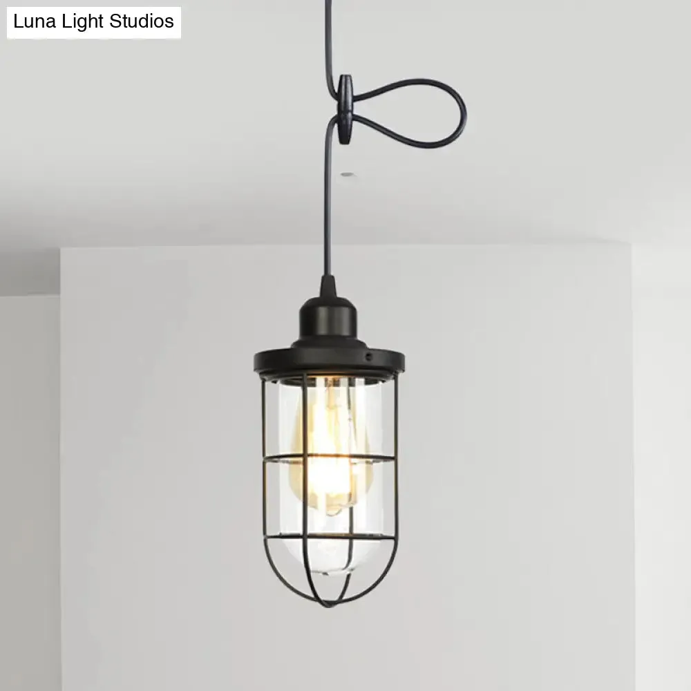 Antiqued Cage Pendant Light with Clear Glass and Adjustable Cord - Black Finish