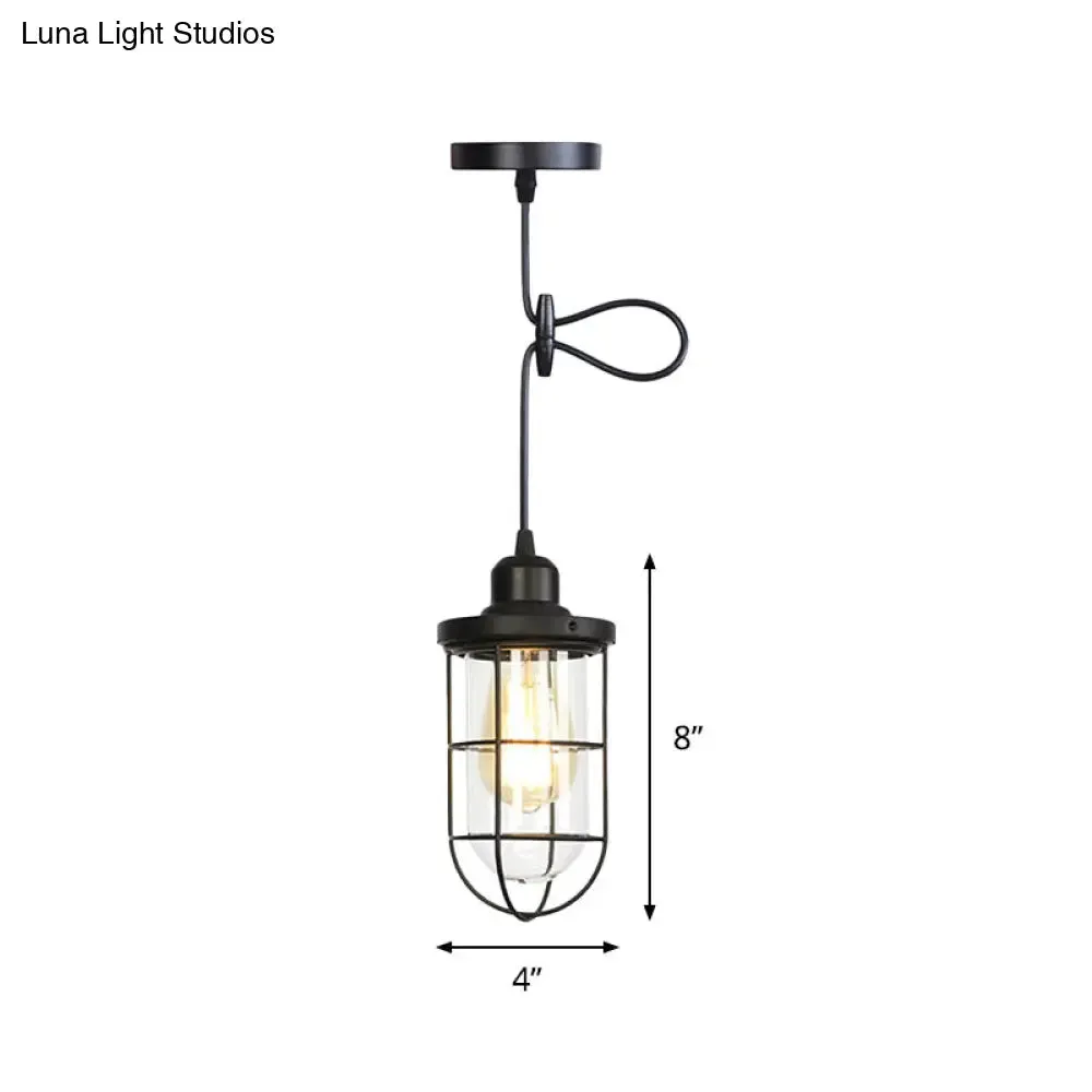 Antiqued Cage Pendant Light with Clear Glass and Adjustable Cord - Black Finish