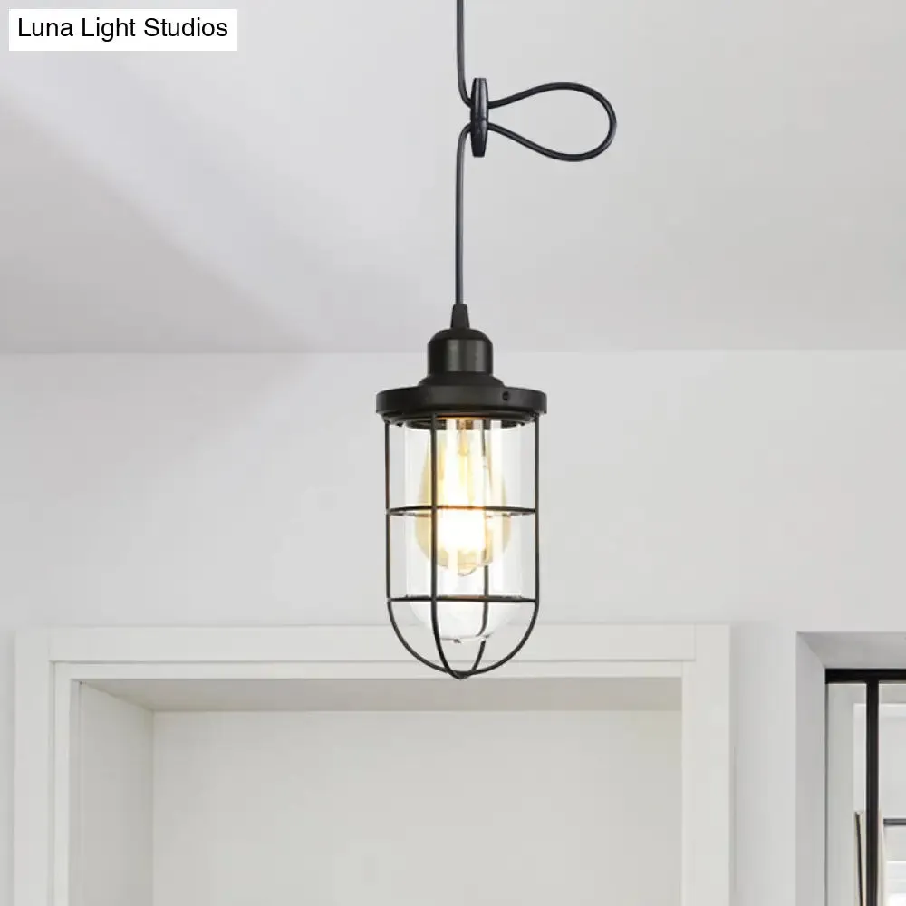 Antiqued Cage Pendant Light with Clear Glass and Adjustable Cord - Black Finish