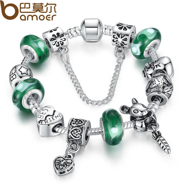 BAMOER Silver Green Bead Animal Best Friend Charm Bracelet with  Safety Chain for Women Original Jewelry PA1433