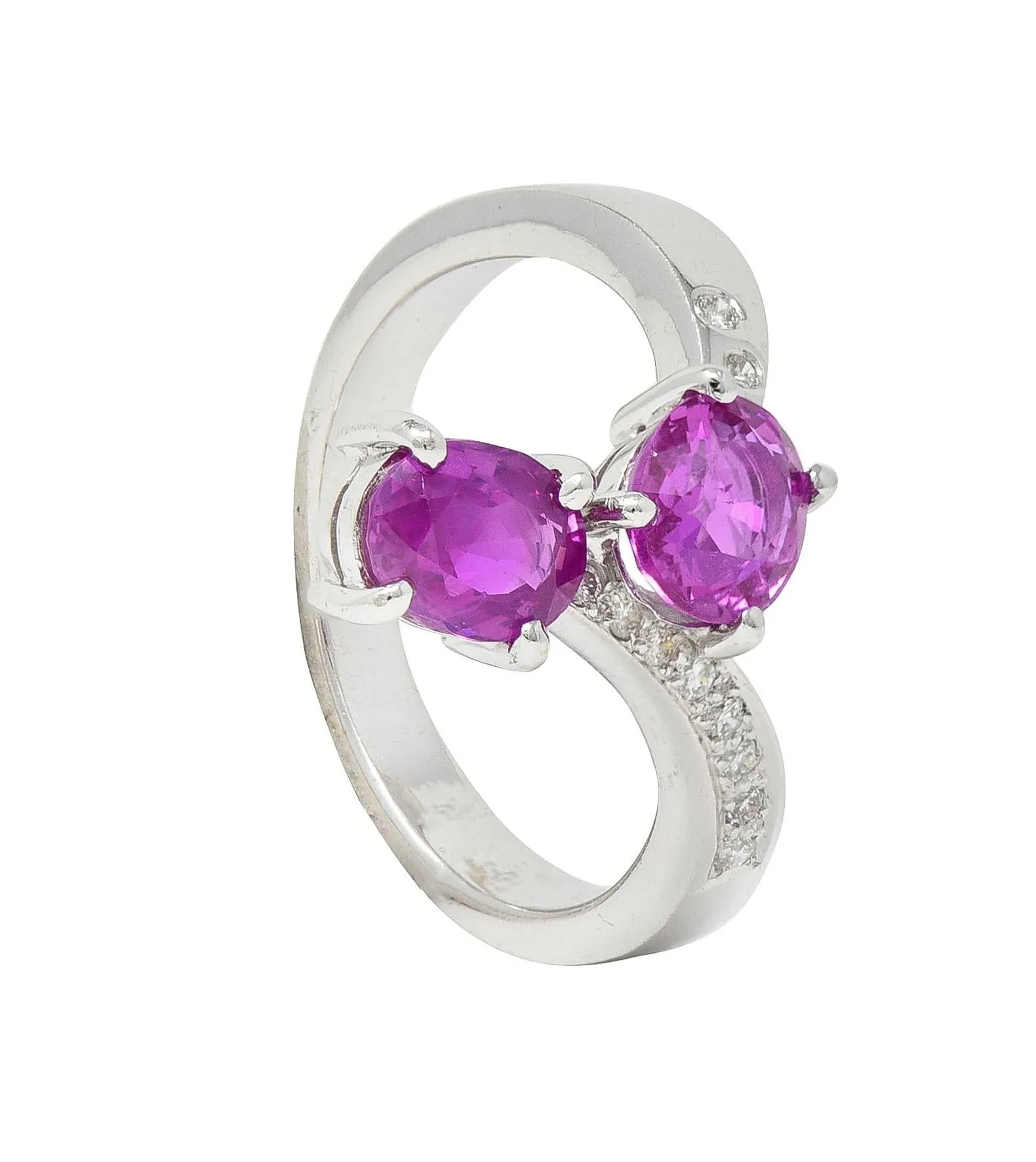 Contemporary 1.85 CTW Madagascar Pink Sapphire Diamond 18 Karat White Gold Bypass Ring GIA