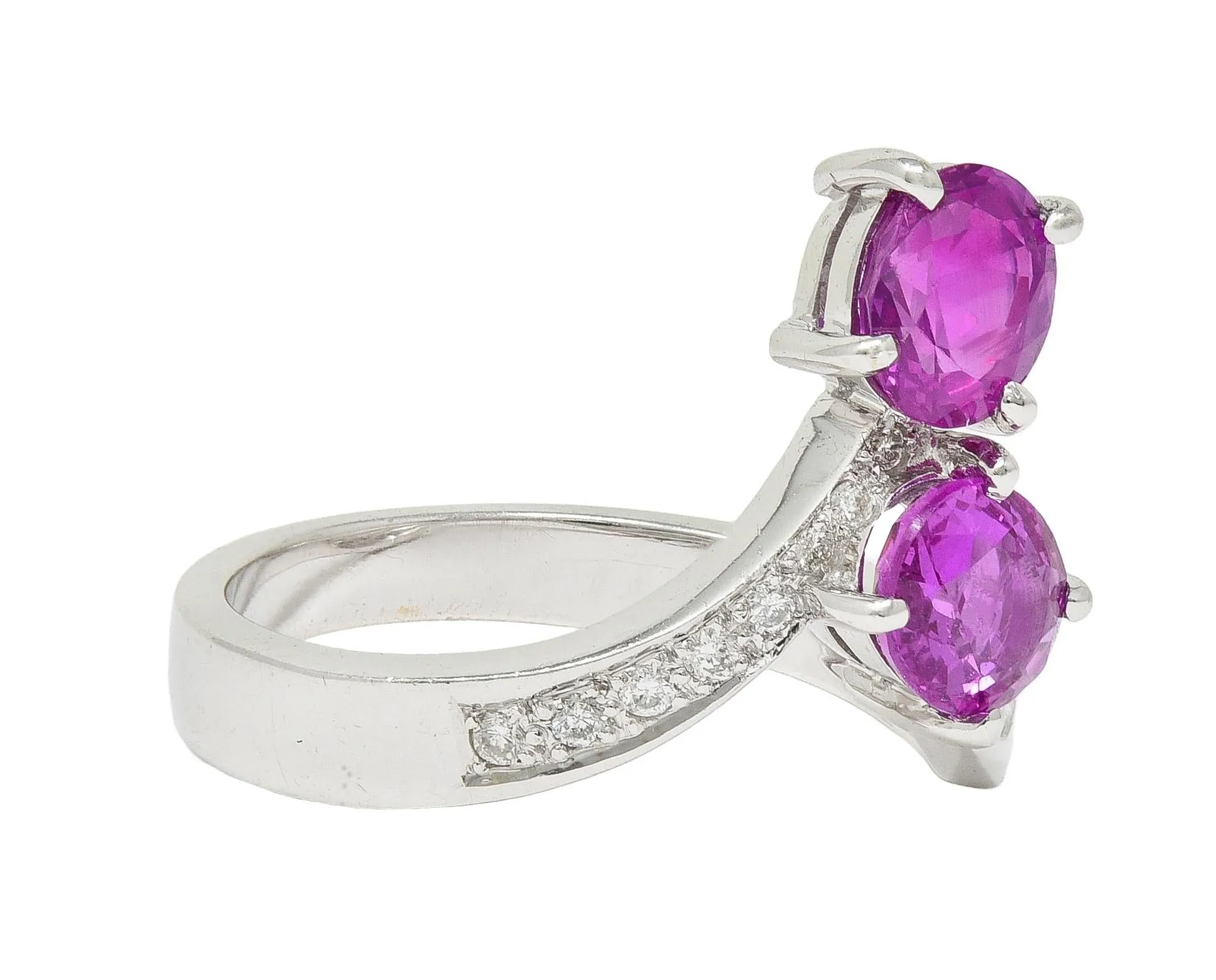 Contemporary 1.85 CTW Madagascar Pink Sapphire Diamond 18 Karat White Gold Bypass Ring GIA