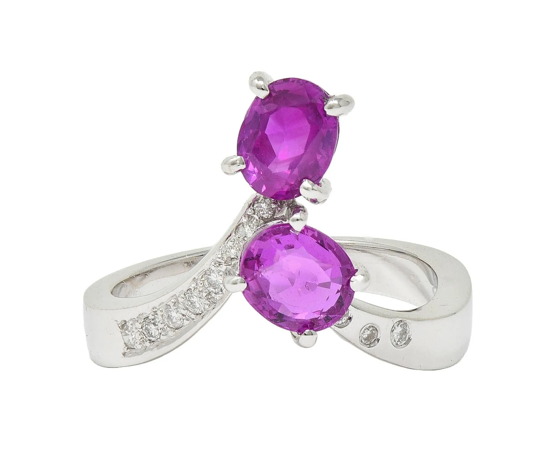 Contemporary 1.85 CTW Madagascar Pink Sapphire Diamond 18 Karat White Gold Bypass Ring GIA