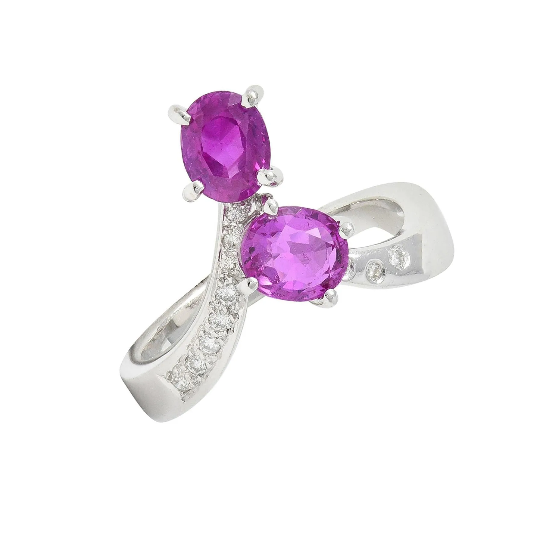 Contemporary 1.85 CTW Madagascar Pink Sapphire Diamond 18 Karat White Gold Bypass Ring GIA