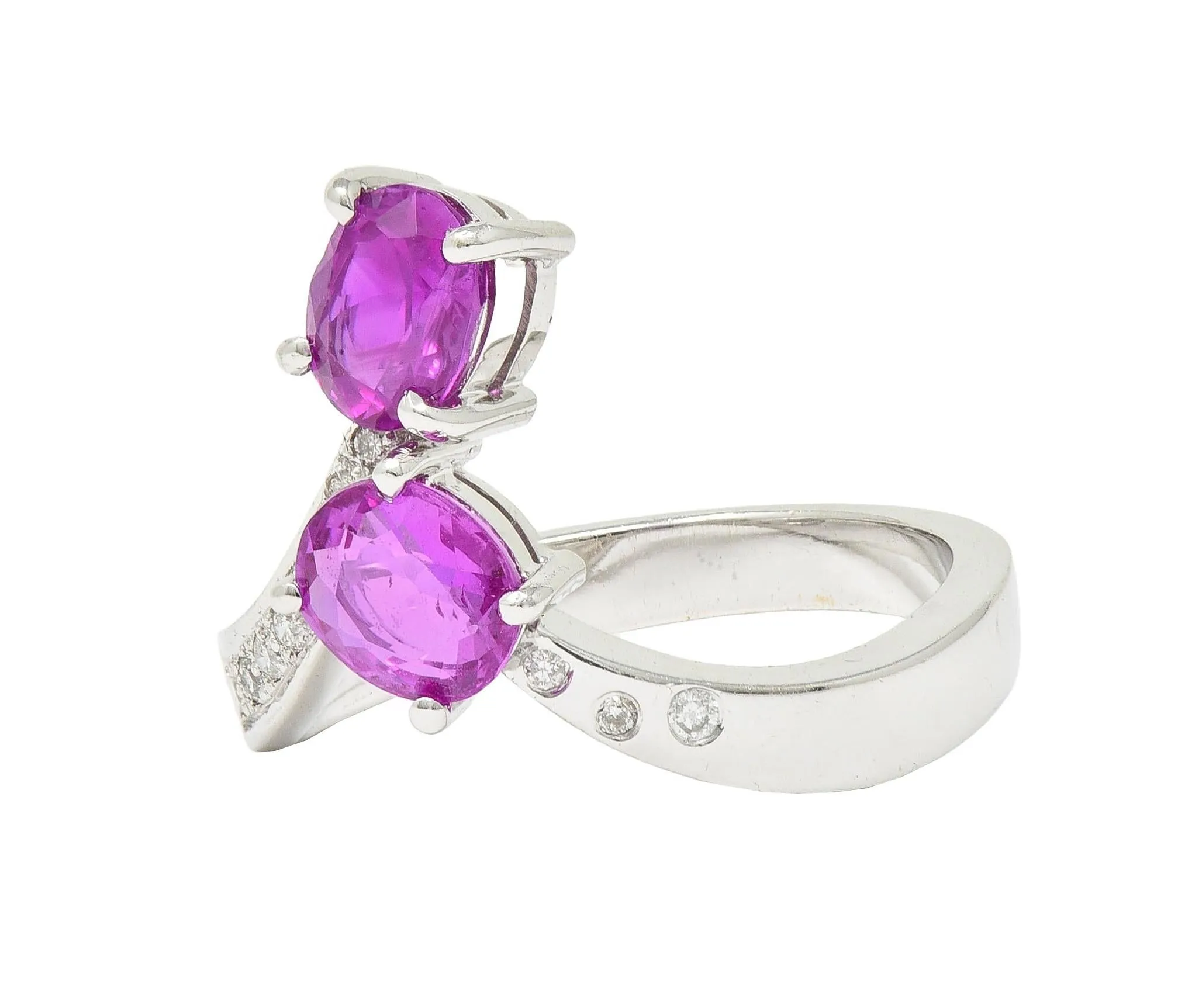 Contemporary 1.85 CTW Madagascar Pink Sapphire Diamond 18 Karat White Gold Bypass Ring GIA