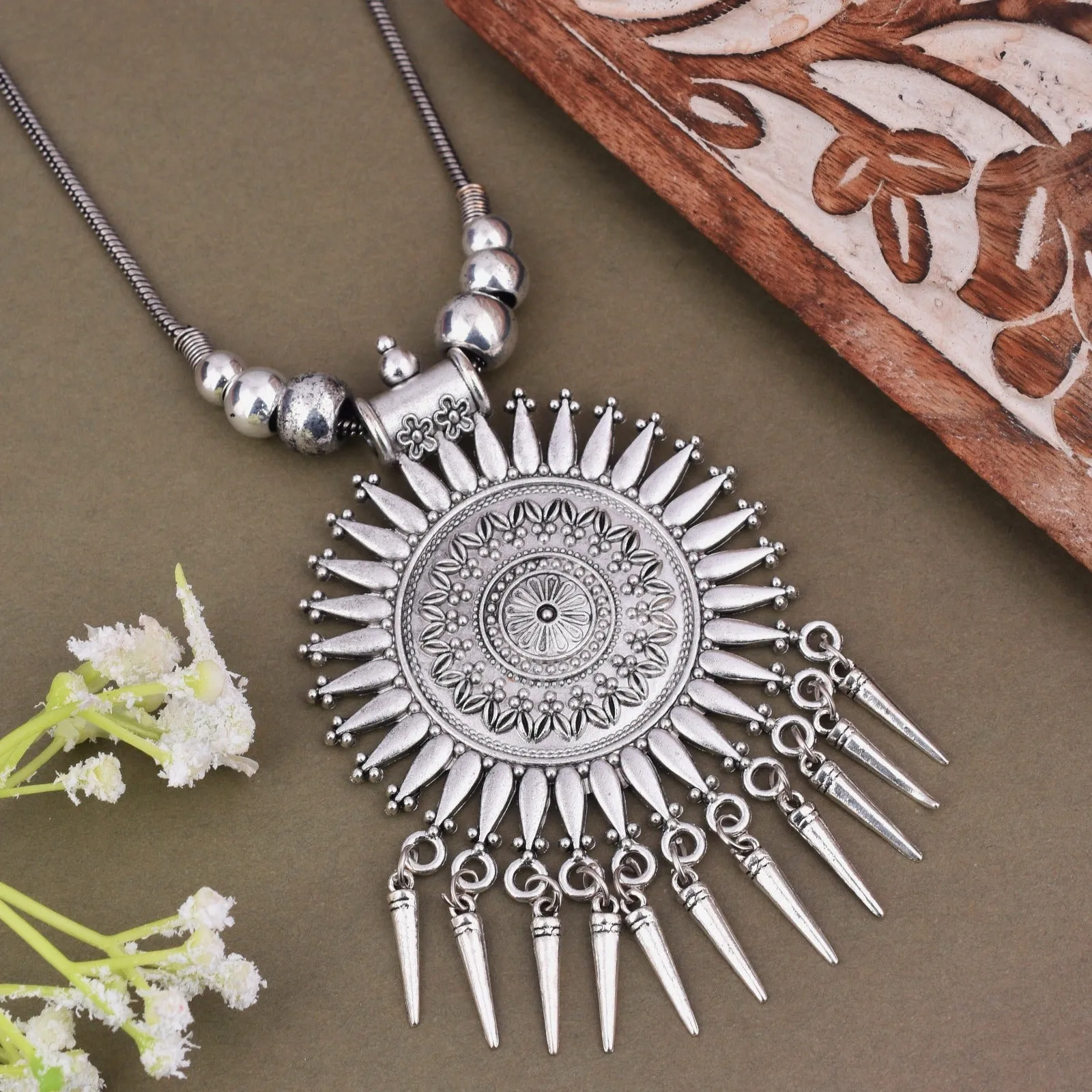 Designer German Silver Kolhapuri Long Pendant Necklace