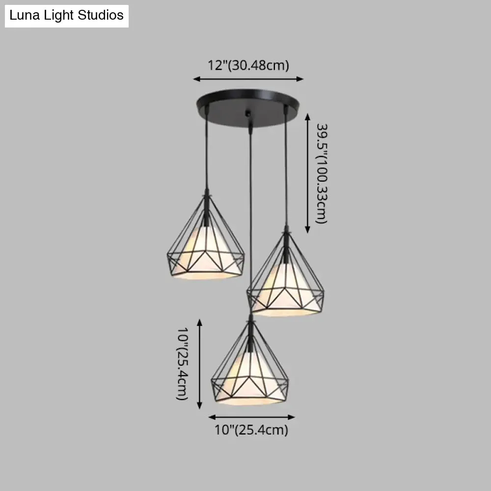 Diamond Cage Industrial Ceiling Light with 3 Multi Pendants and Hanging Cord for Hallway