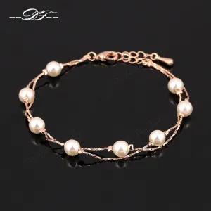 Double Fair Charm Bracelets & Bangles Silver/Rose Gold Color Fashion Simulated Pearl Beads Wedding Jewelry For Women DFH169