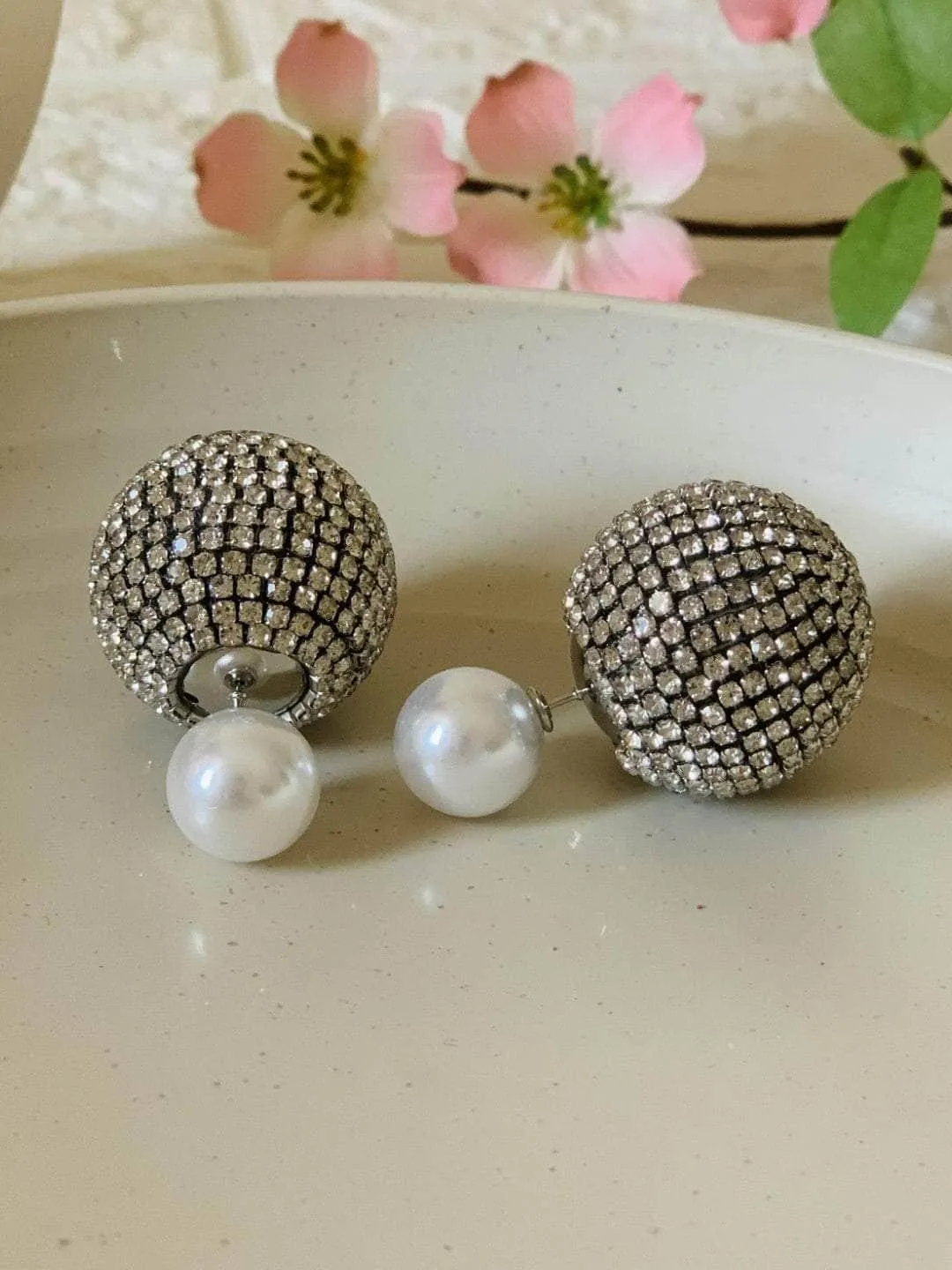 Double Glitter Pearl Studs Silver