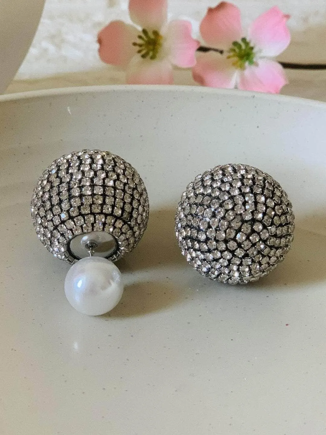 Double Glitter Pearl Studs Silver