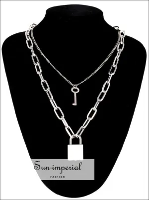 Double Layer Lock Chain Necklace Punk 90s Silver Color Padlock Pendant Gothic Jewelry