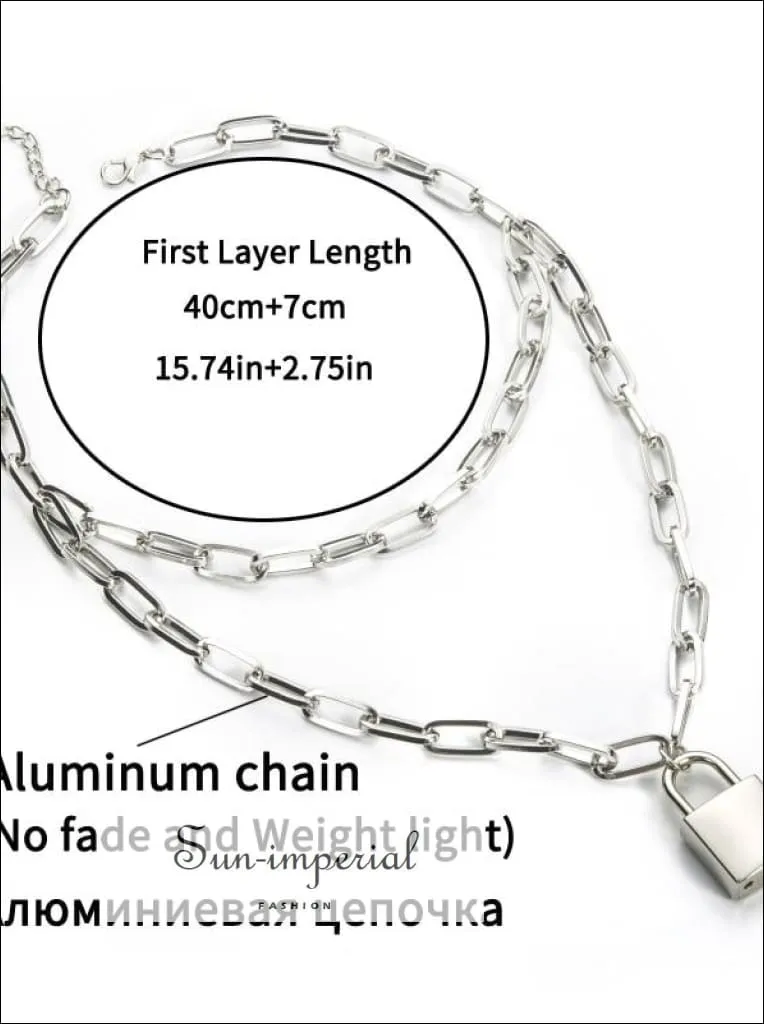 Double Layer Lock Chain Necklace Punk 90s Silver Color Padlock Pendant Gothic Jewelry