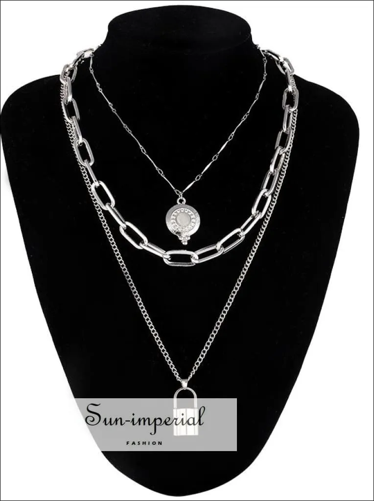 Double Layer Lock Chain Necklace Punk 90s Silver Color Padlock Pendant Gothic Jewelry