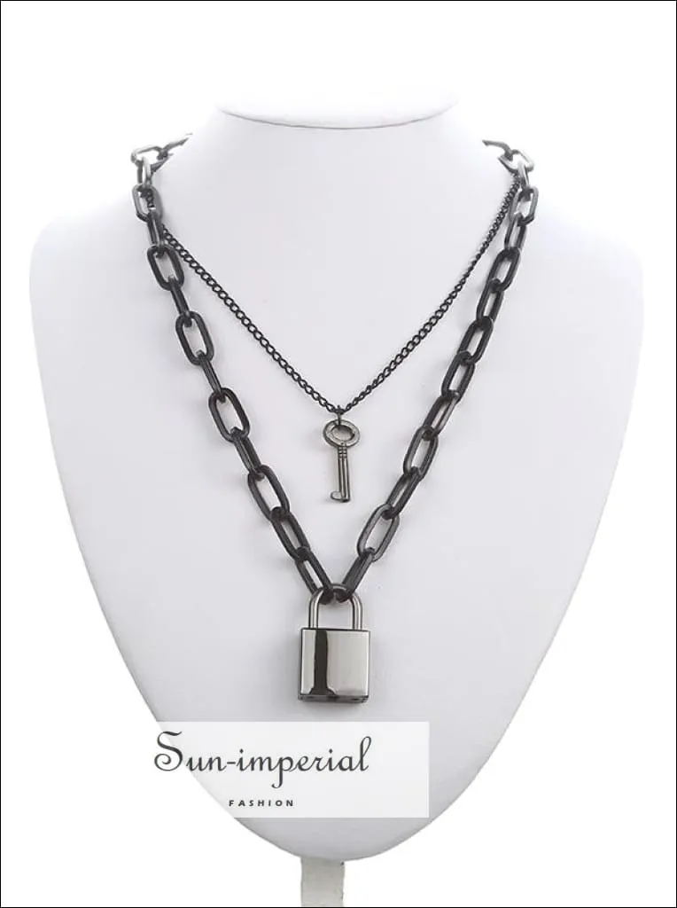 Double Layer Lock Chain Necklace Punk 90s Silver Color Padlock Pendant Gothic Jewelry