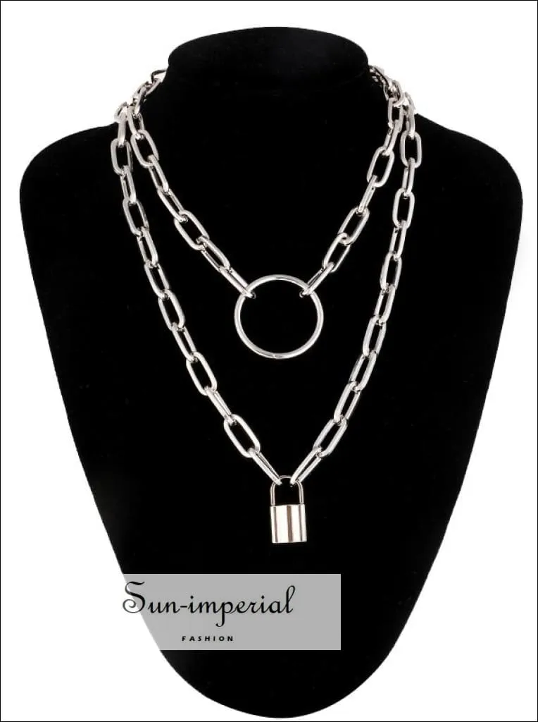 Double Layer Lock Chain Necklace Punk 90s Silver Color Padlock Pendant Gothic Jewelry