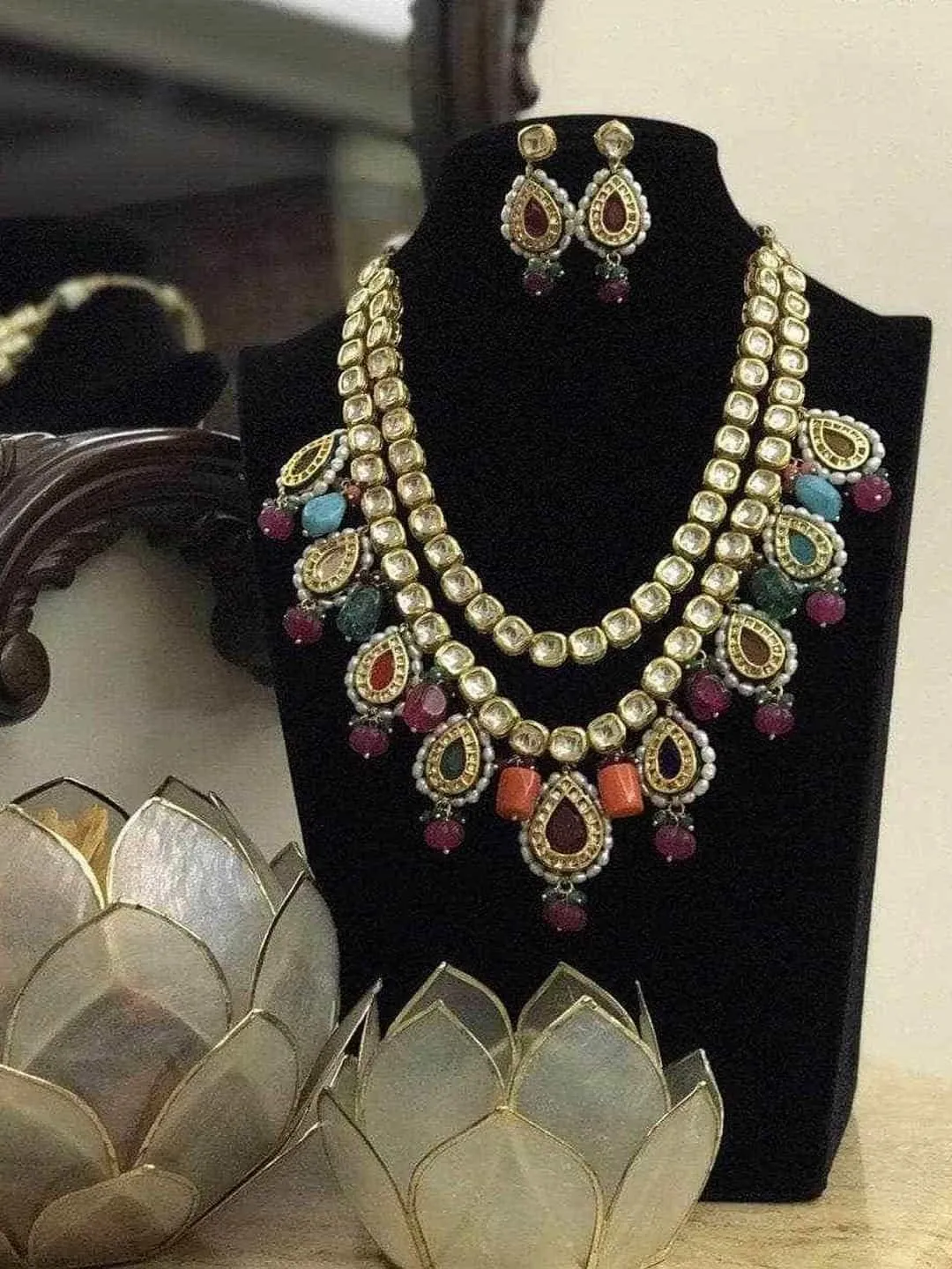 Double Layered Navratna Kundan Necklace