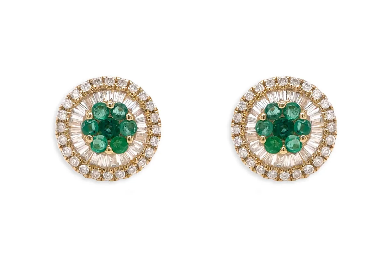 Earrings 18kt Gold Center Emeralds & Diamonds Pizza