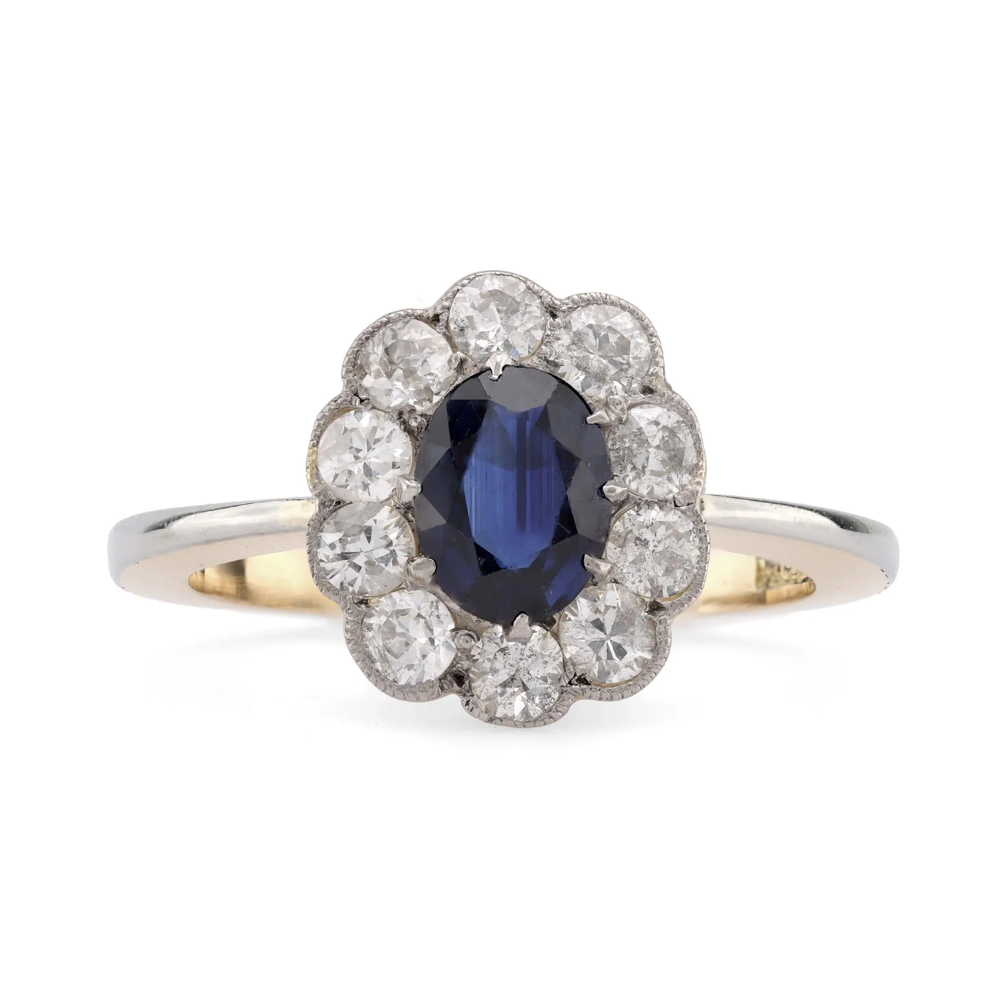 Edwardian Style Sapphire Diamond 18K Yellow Gold Cluster Ring