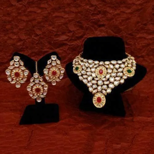 Elongated Kundan Bridal Necklace Earring And Teeka Set