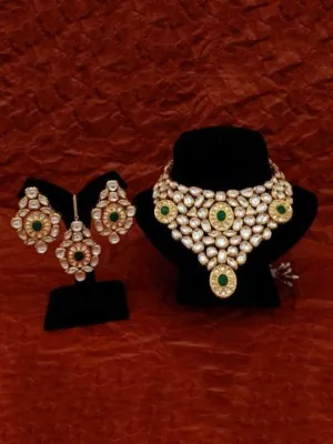 Elongated Kundan Bridal Necklace Earring And Teeka Set