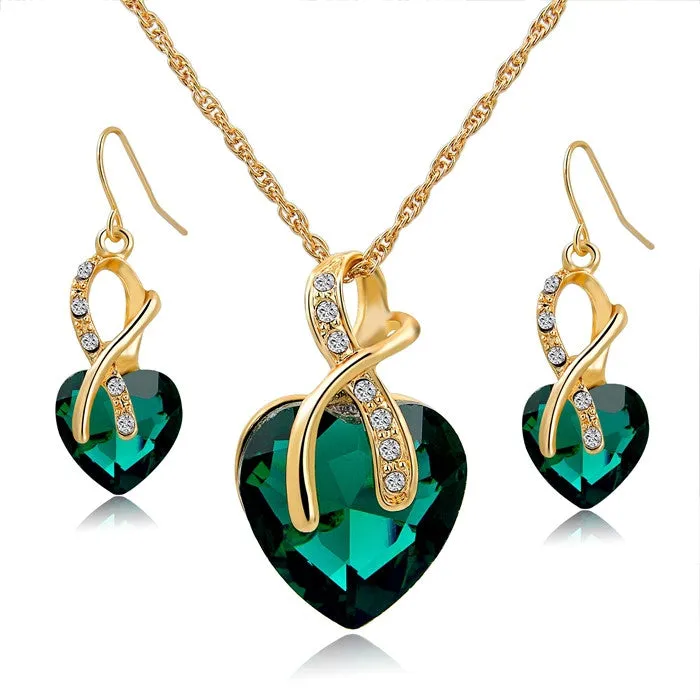 Fashion Austrian Crystal Necklace Earrings Set Luxury Gold Plated Heart Crystal Jewelry Set For Women Engagement Jewelry Sets