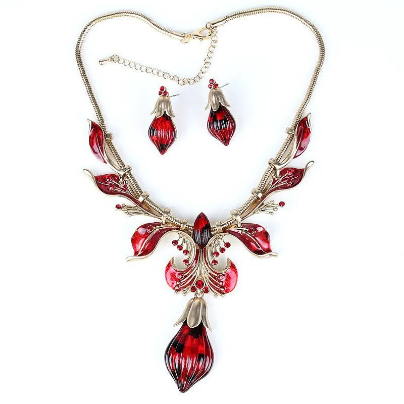 Fashion Jewelry Sets Antique Gold/Silver Plated Flower Design Red/Brown Color High Quality Party Gifts