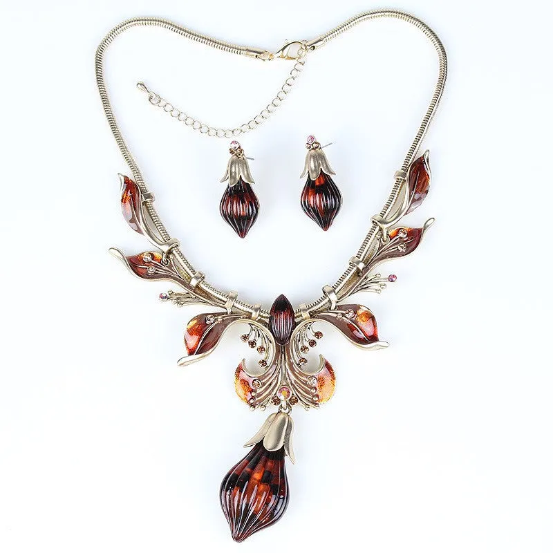 Fashion Jewelry Sets Antique Gold/Silver Plated Flower Design Red/Brown Color High Quality Party Gifts