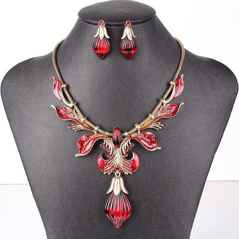 Fashion Jewelry Sets Antique Gold/Silver Plated Flower Design Red/Brown Color High Quality Party Gifts