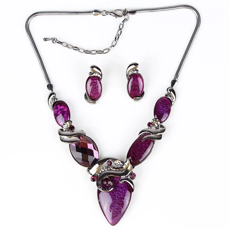 Fashion Jewelry Sets Gunmetal Plated Oval Design Red/Purple Color High Quality Party Gifts