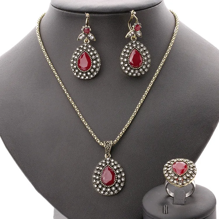 Fashion Ruby Jewelry Set All Over Sky Star Austrian Crystal Ancient Bronze Three-Piece Wedding Accessories Turkey Jewelry