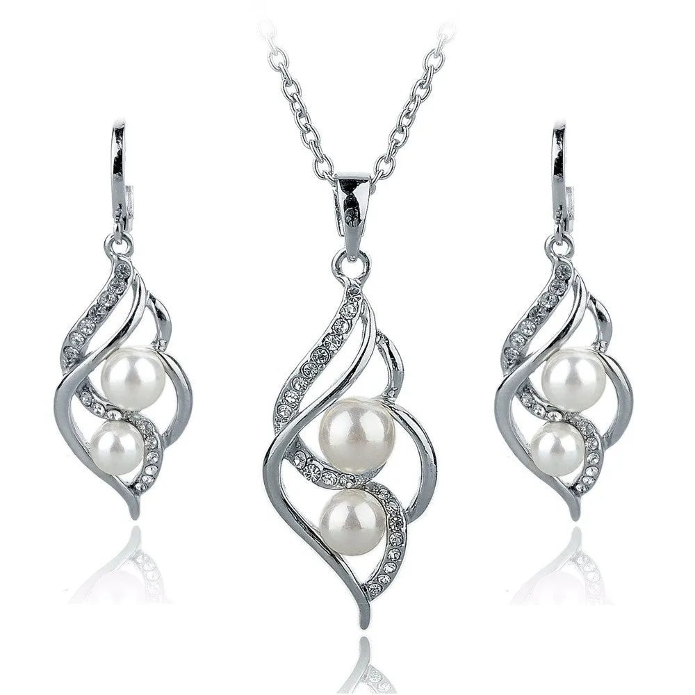 Fashion Simulated Pearl Jewelry Sets For Women Crystal Earrings Necklace Set Gold/Silver Plated Wedding Jewelry Set