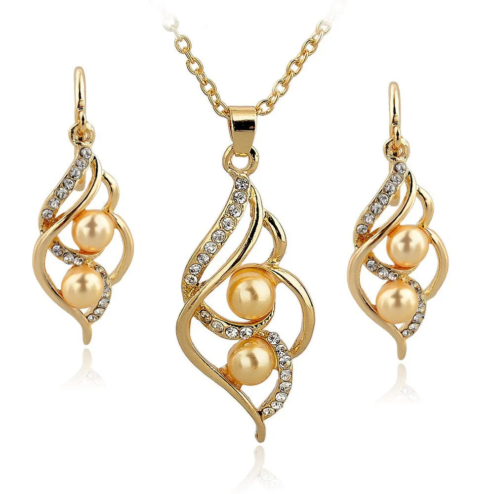 Fashion Simulated Pearl Jewelry Sets For Women Crystal Earrings Necklace Set Gold/Silver Plated Wedding Jewelry Set