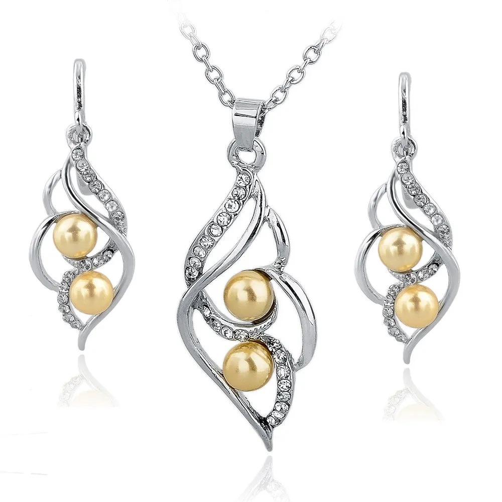 Fashion Simulated Pearl Jewelry Sets For Women Crystal Earrings Necklace Set Gold/Silver Plated Wedding Jewelry Set