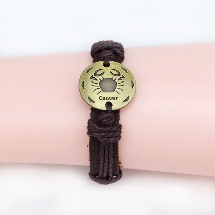 Fashion Zodiac Signs Leather Bracelet Constellations charm Bracelets Adjustable Bracelet Jewelry