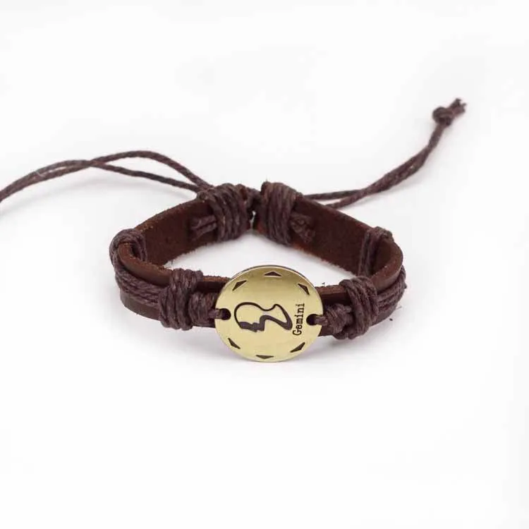 Fashion Zodiac Signs Leather Bracelet Constellations charm Bracelets Adjustable Bracelet Jewelry